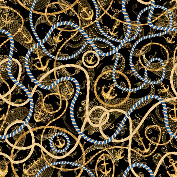 Golden chains, sea anchors, jewelry accessories, striped cables and ropes seamless pattern on a black background with golden watercolor painted mermaids, fish, octopus and ocean animals. Baroque textile silk print, wallpaper