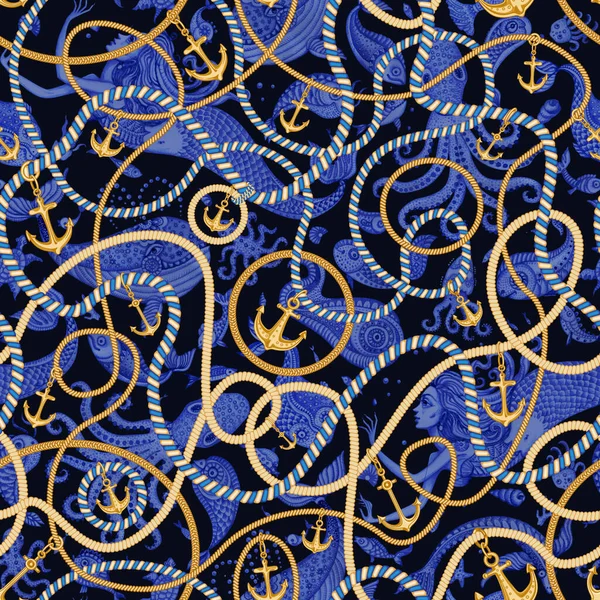 Golden chains, sea anchors, jewelry accessories, striped cables and ropes seamless pattern on dark blue background with watercolor painted mermaids, fish, octopus, ocean animals. Baroque textile print