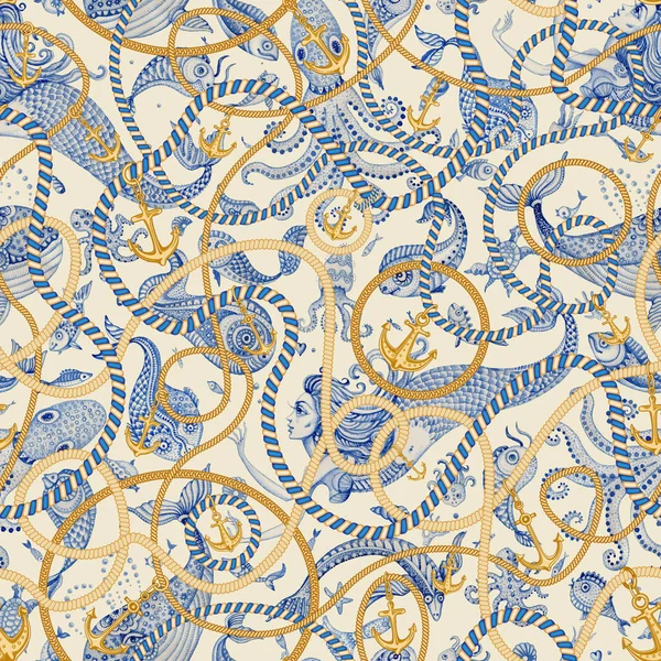Golden chains, sea anchors, jewelry accessories, striped cables and ropes seamless pattern on a beige background with blue watercolor mermaids, fish, octopus, ocean animals. Baroque silk textile print