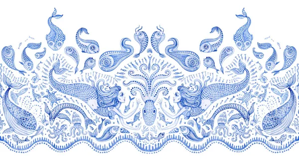 Бесшовный Пограничный Рисунок Голубой Ручной Сказки Морских Животных Русалки Акварель — стоковое фото