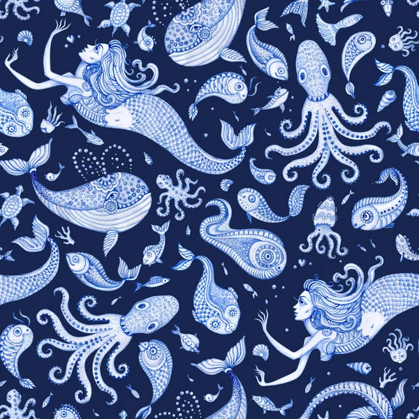 藍の青い手のシームレスな壁紙パターンは おとぎ話の海の動物や人魚を描いた 暗い背景に隔離された水彩ファンタジー魚 サンゴ — ストック写真