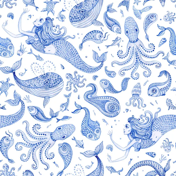 Seamless wallpaper pattern of indigo blue hand painted fairy tale sea animals and mermaid. Watercolor fantasy fish, octopus, coral, sea shells, bubbles, isolated on a white background