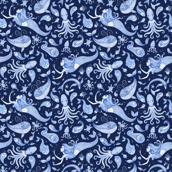 Seamless wallpaper pattern of indigo blue hand painted fairy tale sea animals and mermaid. Watercolor fantasy fish, octopus, coral, sea shells, bubbles, isolated on a dark background