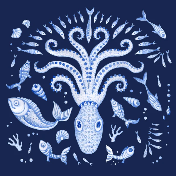 一套深蓝色的手绘童话中的海生动物 水彩画的奇幻鱼 孤立在黑暗的背景 T恤印花 — 图库照片