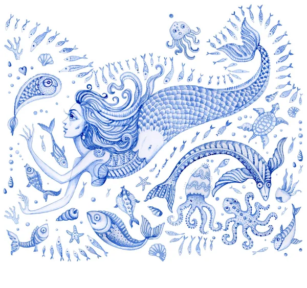 Набор Индиго Голубой Ручной Работы Сказка Морских Животных Русалки Акварелью — стоковое фото