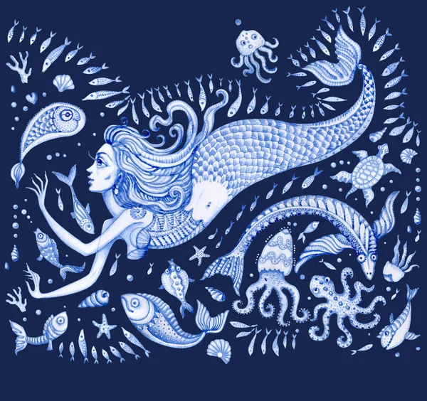 Set Indigo Blue Hand Painted Fairy Tale Sea Animals Mermaid — Stock Photo, Image