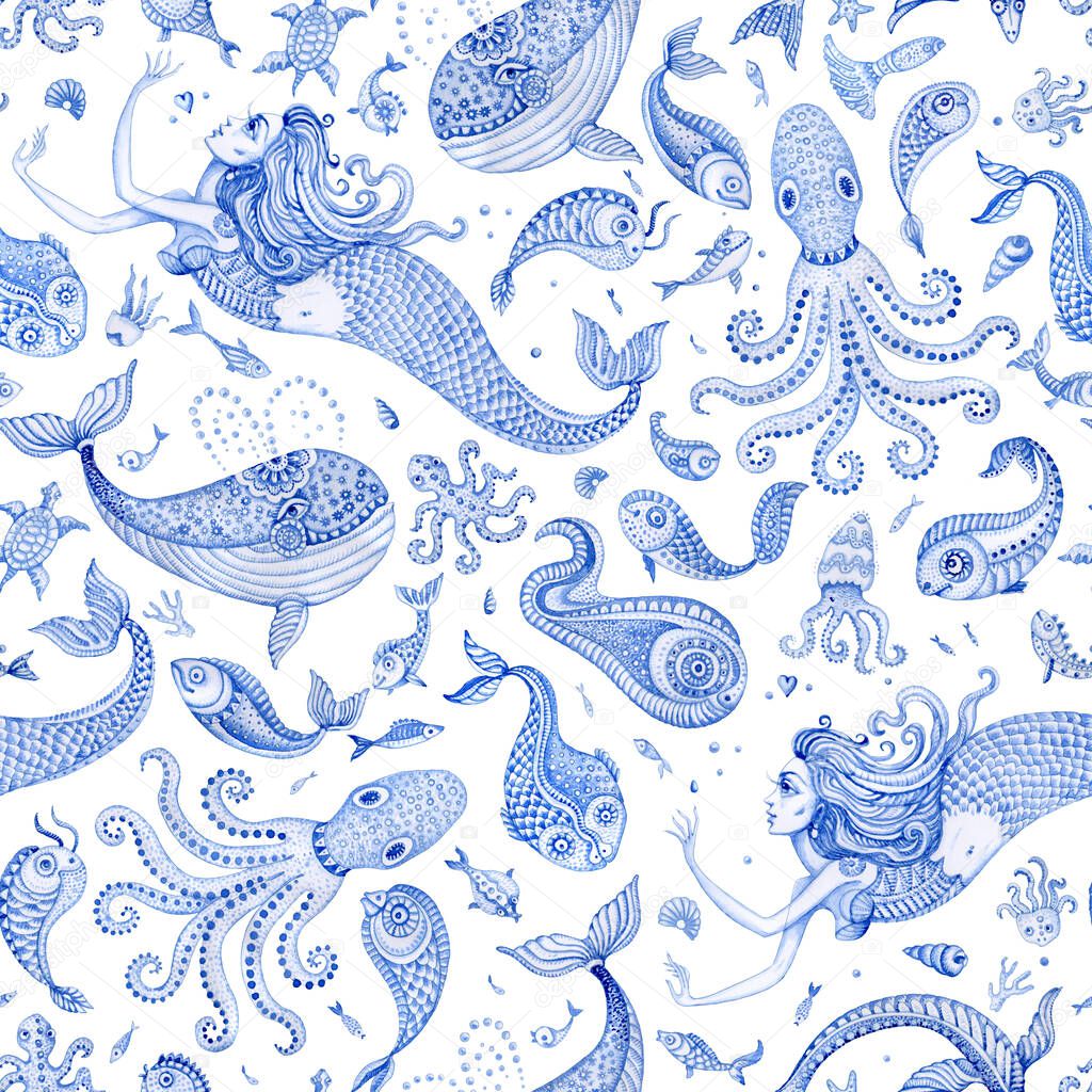 Seamless wallpaper pattern of indigo blue hand painted fairy tale sea animals and mermaid. Watercolor fantasy fish, octopus, coral, sea shells, bubbles, isolated on a white background 