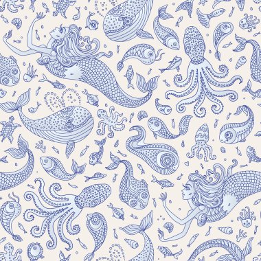 Kusursuz denizcilik masal deseni. Fantezi deniz kızı, ahtapot, balık, deniz hayvanları bej arka planda süslemeleri olan mavi siluet. Batik, duvar kağıdı, tekstil baskısı, ambalaj kağıdı.