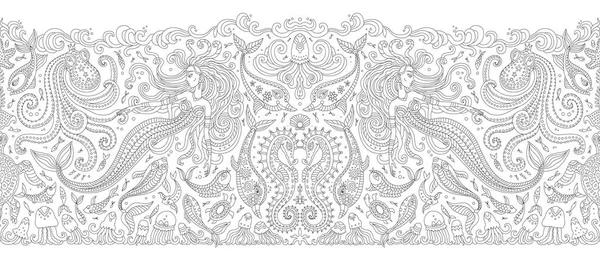 Vecteur Sans Couture Bordure Motif Noir Blanc Fantaisie Sirène Pieuvre — Image vectorielle