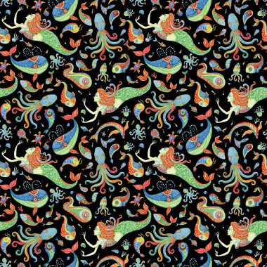 Peri masalı deniz hayvanları ve deniz kızından kusursuz Barok batik duvar kağıdı deseni. Suluboya fantezi balığı, ahtapot, yunus, deniz kabuğu, kabarcıklar, koyu siyah bir arka planda izole edilmiş.