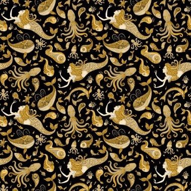 Peri masalı deniz hayvanları ve deniz kızından kusursuz Barok batik duvar kağıdı deseni. Suluboya fantezi balığı, ahtapot, yunus, deniz kabuğu, kabarcıklar, koyu siyah bir arka planda izole edilmiş.