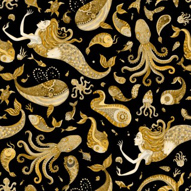 Peri masalı deniz hayvanları ve deniz kızından kusursuz Barok batik duvar kağıdı deseni. Suluboya fantezi balığı, ahtapot, yunus, deniz kabuğu, kabarcıklar, koyu siyah bir arka planda izole edilmiş.