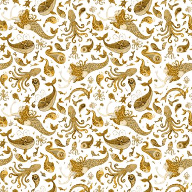 Altın Su Boyası 'nın kusursuz deseni. Fantezi masalları. Deniz hayvanları ve beyaz arka planda izole edilmiş deniz kızları.. 