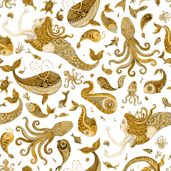 Seamless pattern from golden Watercolor painted fantasy fairy tale sea animals and mermaid isolated on a white background.