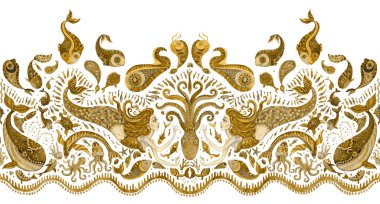 Elle boyanmış kusursuz sınır deseni altın peri masalı deniz hayvanları ve deniz kızı. Suluboya fantezi balığı, ahtapot, mercan, deniz kabuğu, beyaz arka planda kabarcıklar. Batik püskülleri, tekstil izleri