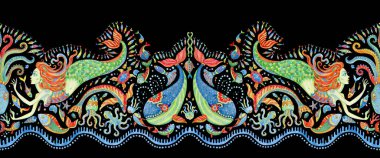 Seamless border pattern of hand painted fairy tale sea animals and mermaid. Watercolor fantasy fish, octopus, coral, sea shells, bubbles on a black background. Batik fringe, textile print clipart