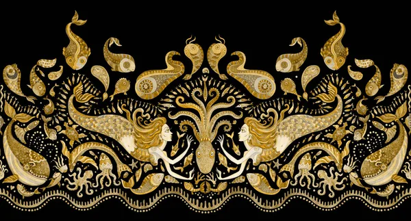 Płynny Wzór Granicy Ręcznie Malowane Złote Bajki Zwierząt Morskich Syrena — Zdjęcie stockowe