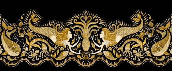 Płynny Wzór Granicy Ręcznie Malowane Złote Bajki Zwierząt Morskich Syrena — Zdjęcie stockowe