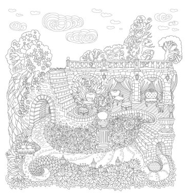 Uçan Clauds, Peri masalı şatosu, saray, taş merdiven, mağara, bahçe gülleri, zambaklar. Siyah ve beyaz tişört baskısı. Yetişkinler için boyama kitabı sayfası