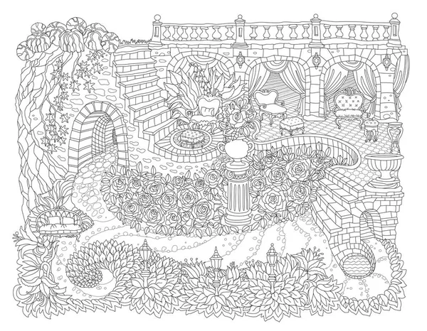 Paisaje Fantasía Con Castillo Cuento Hadas Palacio Escalera Piedra Gruta — Archivo Imágenes Vectoriales