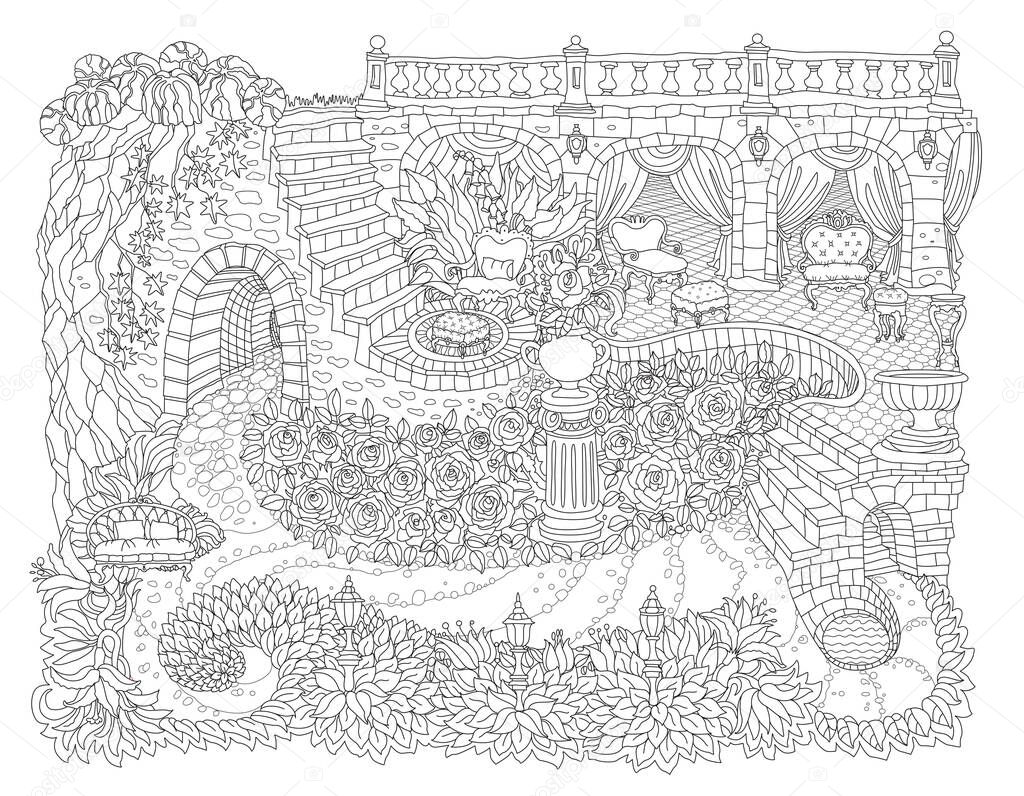 Fantasy landscape with fairy tale castle, palace, stone staircase, grotto, baroque furniture, garden roses, lilies. Coloring book page for adults and children