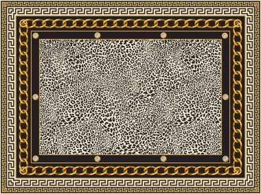 Bej leopar desenli arka planda vektör halı izi. Modaya uygun altın klasik Yunan kenarı, Barok fantezi çift zincirli çerçeve. Atkı, şal, halı.