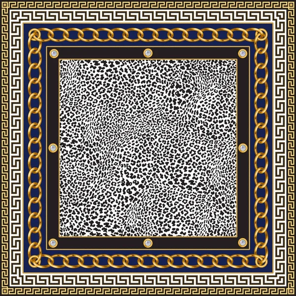 Bandana Print Auf Schwarzem Und Beigem Leopardenfell Hintergrund Goldketten Und — Stockvektor