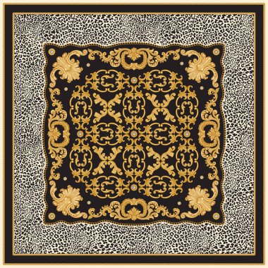Siyah ve bej leopar desenli arkaplanda bandana izi, altın zincirler ve kablolar fırfırfırlı, Barok parşömenleri ve inci mücevher değerli taşlar. Atkı, fular, mendil, halı, halı, paspas.