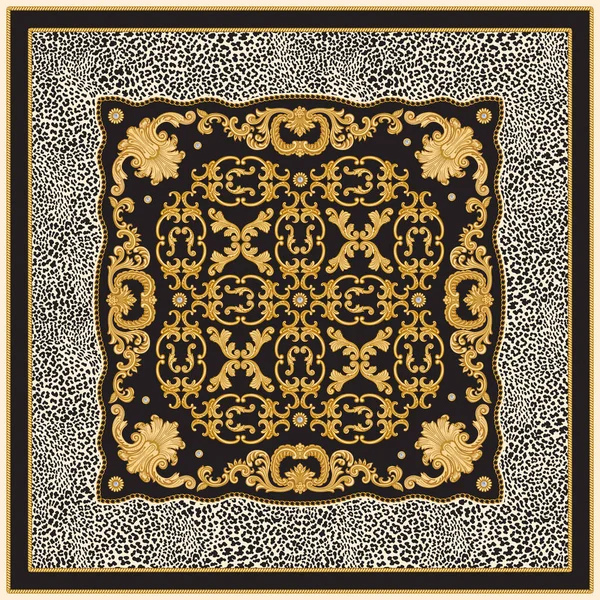 Stampa Bandana Fondo Pelle Leopardo Nero Beige Catene Cavi Oro — Vettoriale Stock