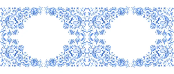 Aquarel Beschilderd Indigo Blauw Damast Patroon Naadloze Rand Een Witte — Stockfoto
