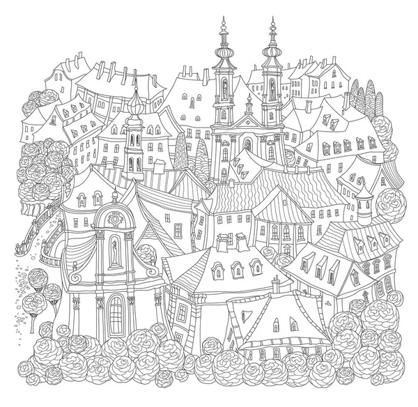 Vector Black White Outline Contoured Fantasy Landscape Fairy Tale Small — Stock Vector