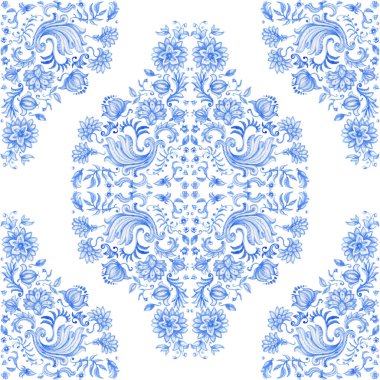 Beyaz arka planda suluboya çivit mavisi, pürüzsüz desen. Akdeniz majolika seramik resim tarzında elle çizilmiş Barok ve çiçekli süsler. Batik duvar kağıdı