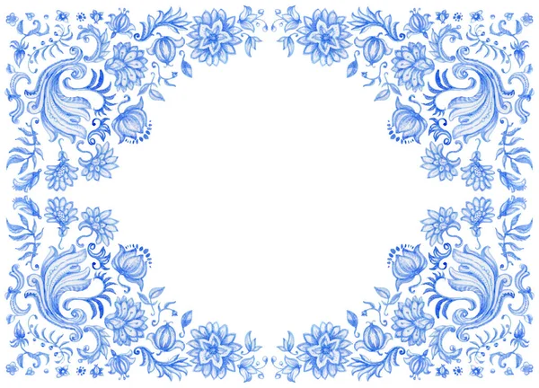 Watercolor Painted Indigo Blue Damask Pattern Vignette White Background Tile — Stock Photo, Image