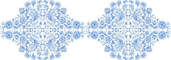 水彩色は 白を基調に藍青のダマスクパターンシームレスな境界線を描いた 手でタイルは 地中海のマヨリカ陶器の絵画スタイルでバロック様式と花の装飾を描いた バティック壁紙 — ストック写真