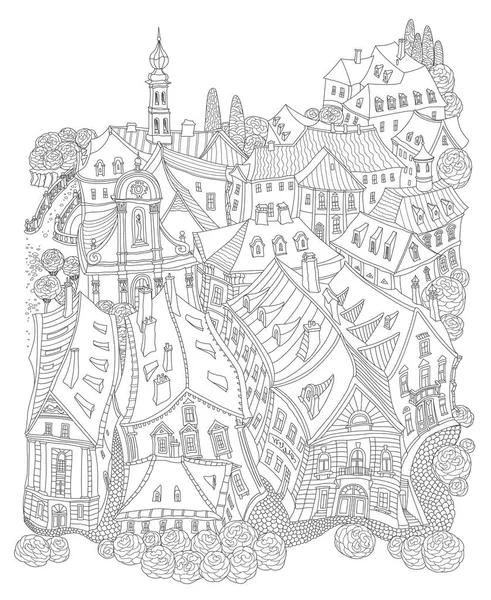 ベクトル黒と白のアウトラインは ファンタジーの風景 おとぎ話の小さな町の中世の建物を汚染した Tシャツプリント 大人ぬりえブックページ 旅行パンフレット — ストックベクタ