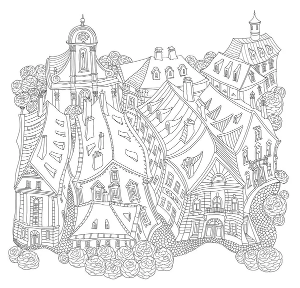 Διάνυσμα Ασπρόμαυρο Περίγραμμα Σκιαγραφημένο Τοπίο Φαντασίας Παραμύθι Μικρή Πόλη Μεσαιωνικά — Διανυσματικό Αρχείο