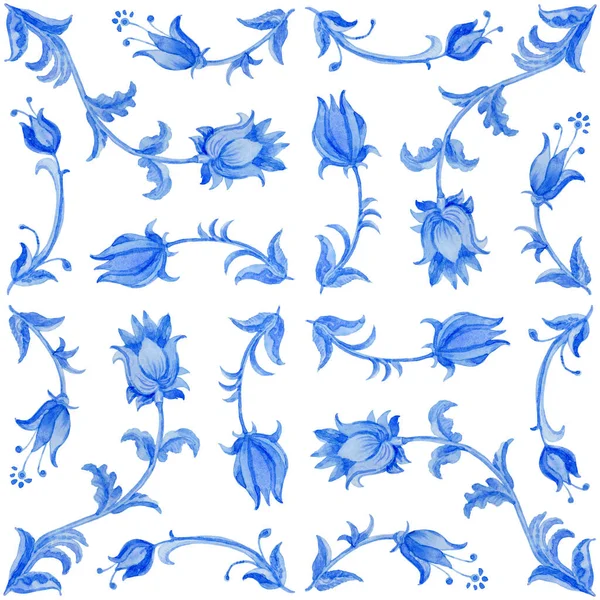 Акварель Окрашены Индиго Синий Цветочный Бесшовный Узор Изолирован Белом Фоне — стоковое фото
