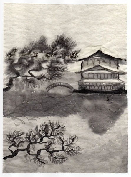 Abstract landscape in Japanese folk painting style Sumi-e. Monochrome hand drawn fantasy Shinto pagoda shrine, bridge, pond and pine-tree branches painted by ink brush on a rice paper