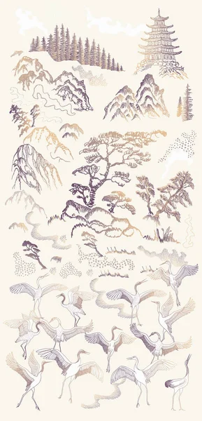 Japon ve Çin doğası mürekkep çizimi sumi-e geleneğinde el çizimleri. Dans eden turna kuşları, çam ağacı, pagoda tapınağı, dağ, nehir, çim, bej arka planda kaya