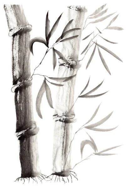 Floral Illustration Japanese Folk Painting Style Sumi Monochrome Hand Drawn — Stock Photo, Image