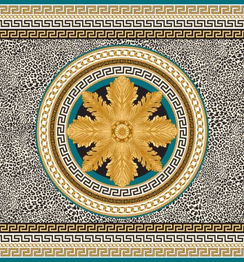 Bej leopar desenli arka planda vektörsüz halı sınır izi. Altın klasik Yunan frizbisi, Barok altın zincir çerçevesi, yuvarlak rosto. Atkı, şal, halı.