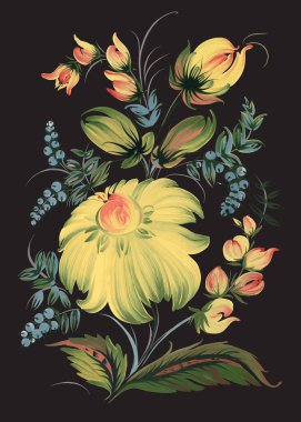 Siyah arka planda sarı çiçeklerin ve dekoratif yaprakların vektör bileşimi