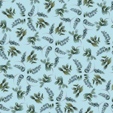 Mavi arka planda elde boyanmış yapraklar, çiçekler ve mavi böğürtlenlerden oluşan dikdörtgen bir desen.