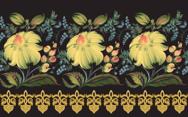 Sarı çiçeklerden ve siyah arkaplandaki altın doğulu fırfırdan kaynaklanan kusursuz sınır deseni