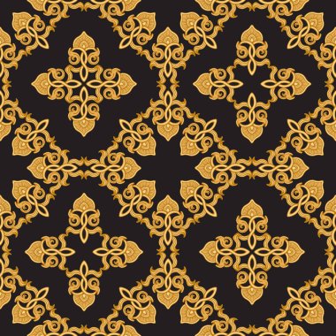 Siyah bir arkaplanda barok ve oryantal altın parşömenlerin kusursuz desenleri