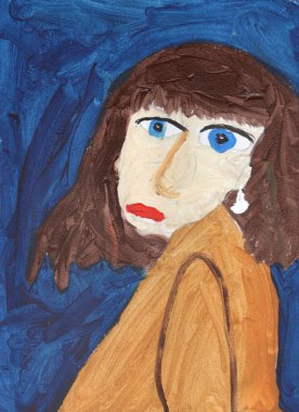 Mavi gözlü, mavi arka planda dalgalı saçlı, hayal kırıklığına uğramış genç bir kadının çizimi.