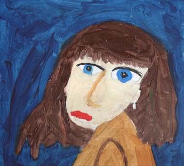 Mavi gözlü, mavi arka planda dalgalı saçlı, hayal kırıklığına uğramış genç bir kadının çizimi.