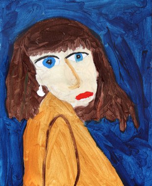 Mavi gözlü, mavi arka planda dalgalı saçlı, hayal kırıklığına uğramış genç bir kadının çizimi.