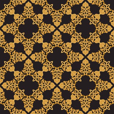 Siyah bir arkaplanda barok ve oryantal altın parşömenlerin kusursuz desenleri
