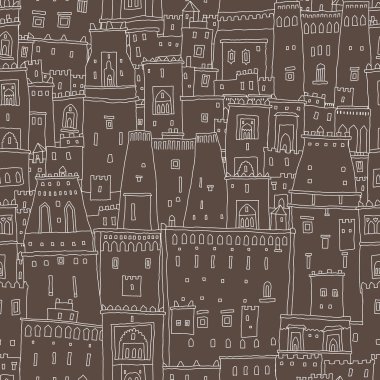 Kusursuz şehir manzarası, peri masalı doğu kaleleri ve evler. Kahverengi arka planda beyaz karalama çizgisi